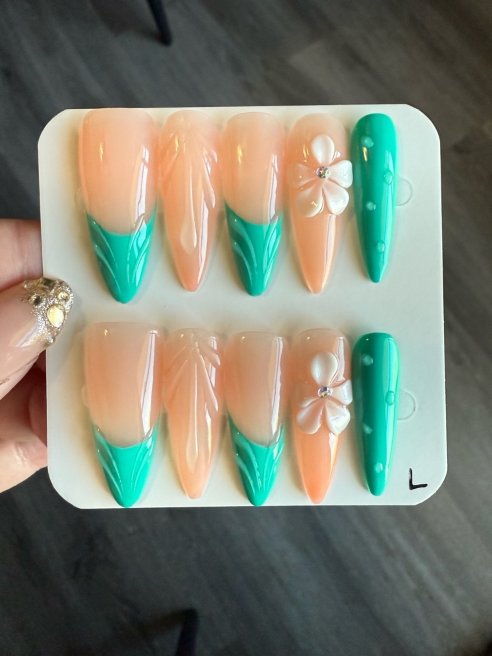 Peach & Teal Floral Stiletto Press-On Nails